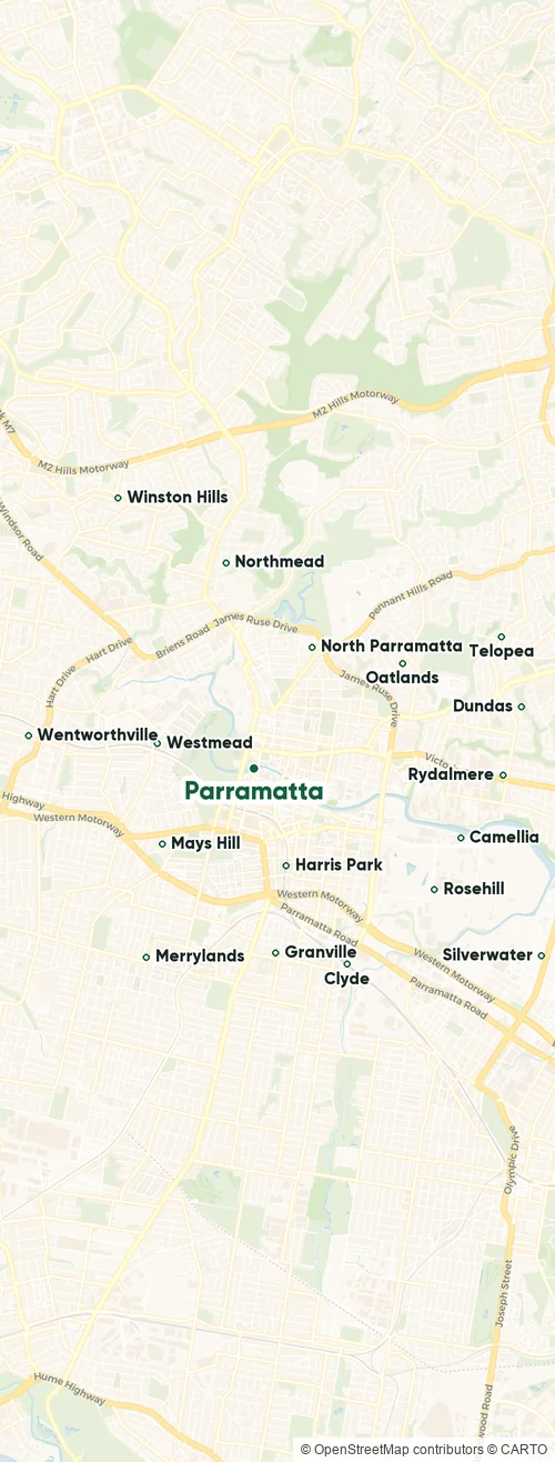 Map of the Castle Hill plumbing service area, showing the suburbs we cover from Riverstone and Schofields through Quakers Hill and Castle Hill to Prospect and Toongabbie