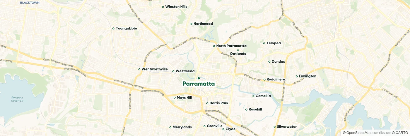 Map of the Castle Hill plumbing service area with all 20 suburbs we cover labelled, from Box Hill and Oatlands through Castle Hill and Kellyville to Glenhaven, Dural, Carlingford and Northmead